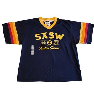 Camp Collection x SXSW Austin Texas 1987 Retro Stripe V-Neck T-Shirt Navy XL NEW